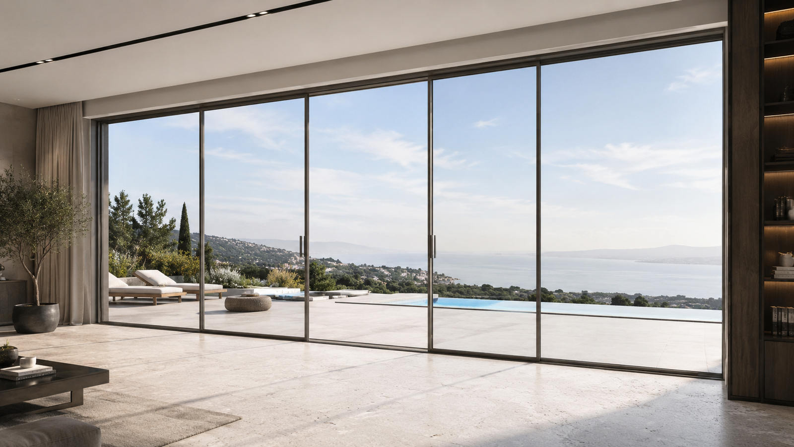 ABTE panoramic sliding door opening to a sea view